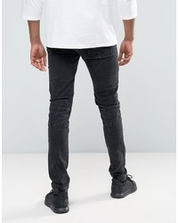 Asos Tall Skinny Jeans With Biker Zip And Rips Details In Washed Black