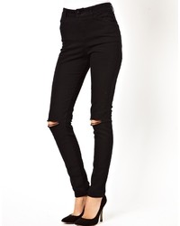 Asos High Waisted Skinny Twill Pants With Ripped Knee Black