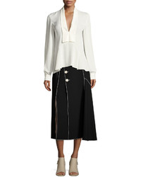 Derek Lam Crepe Side Button Midi Skirt With Contrast Piping Black