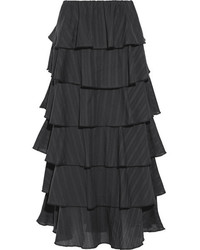 Caroline Constas Margi Picot Trimmed Tiered Cotton Voile Midi Skirt Black