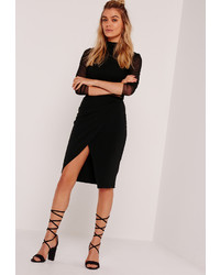 Missguided Asymmetric Ruched Side Midi Skirt Black