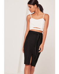 Missguided Tie Front Ribbed Midi Skirt Black
