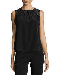 Rebecca Taylor Sleeveless Embroidered Silk Blouse Black