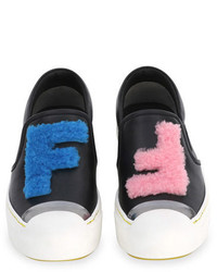 Fendi Fflynn Ff Shearling Fur Slip On Sneaker Blacksilverroyal Blue
