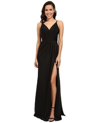 Faviana Faille Satin V Neck Gown With Draped Skirt Dress