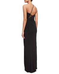 Versace One Shoulder Ruched Jersey Gown Black