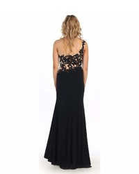 Unique Vintage Black One Shoulder Sheer Bodice High Slit Dress