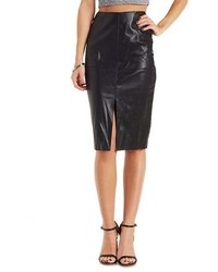 Faux Leather Pencil Skirt With Front Slit