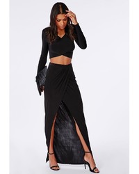 Missguided Slinky Wrap Front Maxi Skirt Black