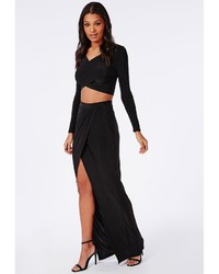Missguided Slinky Wrap Front Maxi Skirt Black
