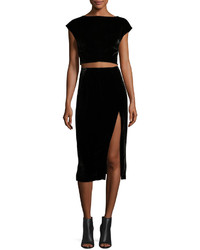 Velvet Slit Midi Skirt Black