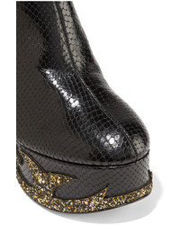 Marc Jacobs Stasha Glittered Snake Effect Leather Platform Boots Black