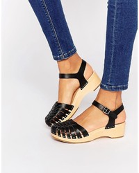 Black Snake Leather Flat Sandals
