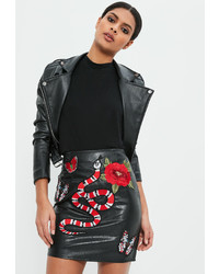 Missguided Black Snake And Floral Embroidered Faux Leather Mini Skirt