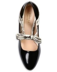 Gucci Nimue Bow Patent Leather Snakeskin Mary Jane Block Heel Pumps