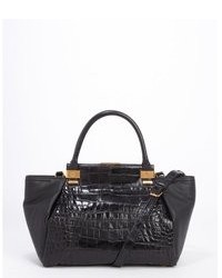 Lanvin Black Leather Trilogy Croc Embossed Accent Convertible Top Handle Tote
