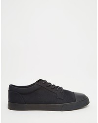 Asos Brand Lace Up Sneakers In Black Canvas With Toe Cap