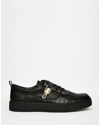 Asos Brand Lace Up Sneakers In Black With Gold Clasps