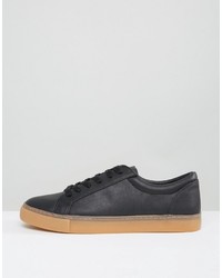Asos Lace Up Sneakers In Black With Gum Sole