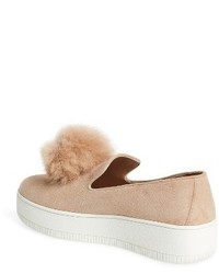 Linea Paolo Sammy Platform Sneaker With Genuine Rabbit Fur Pompom