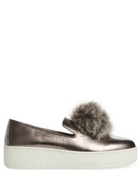 Linea Paolo Sammy Platform Sneaker With Genuine Rabbit Fur Pompom