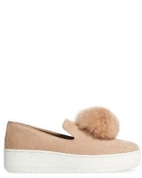 Linea Paolo Sammy Platform Sneaker With Genuine Rabbit Fur Pompom