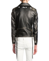 Saint Laurent Star Painted Distressed Leather Moto Jacket Black