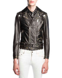 Saint Laurent Star Painted Distressed Leather Moto Jacket Black