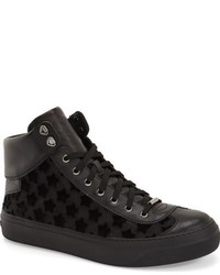 Black Star Print Leather High Top Sneakers