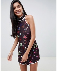 ASOS DESIGN Playsuit In Scattered Star Print With Tie Back Neck Star