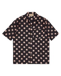 Black Star Print Silk Short Sleeve Shirt