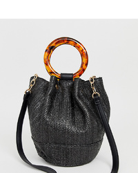 Faith Black Faux Straw Bucket Bag With Tortoise Effect Handle Detail