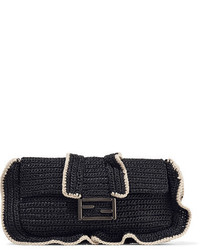 Fendi Baguette Ruffled Woven Straw Shoulder Bag Black