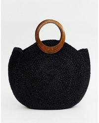 Accessorize Black Straw Circular Tote Bag With Wood Grab Handle