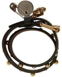 Alexander McQueen Black Studded Safety Pin Double Wrap Bracelet