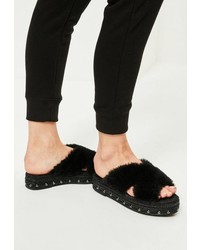 Black Studded Fur Flat Sandals