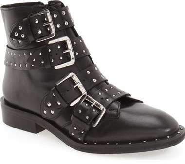 black studded buckle ankle boots
