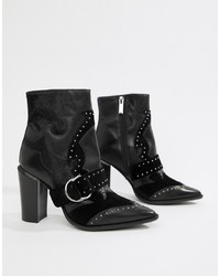 Bronx Black Leather Studded Heeled Ankle Boots