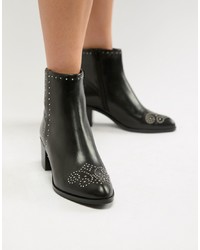 Dune London Queenies Black Leather Studded Mid Heel Ankle Boots Leather