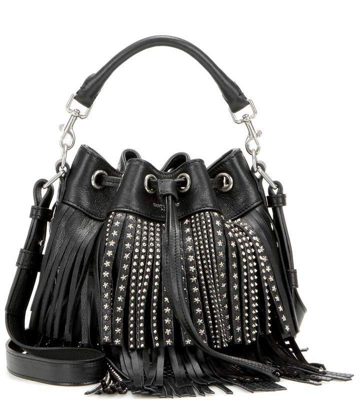 Delia Suede Leather Fringe Bucket Bag in Black