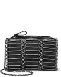 Valentino Studded Grid Glossed Textured Leather Shoulder Bag Black