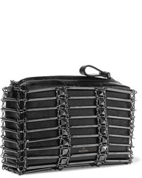 Valentino Studded Grid Glossed Textured Leather Shoulder Bag Black