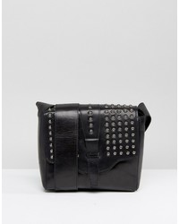 Urban Code Urbancode Black Real Leather Festival Cross Body Bag With Pewter Studded Flap