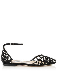 Jimmy Choo Davinia Flat Black Suede Pointy Toe Shoe Sandals With Crystal Studs