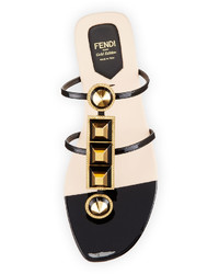 Fendi Gold Edition Studded Patent Thong Sandal Blackgold