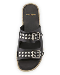 Saint Laurent Studded Double Strap Flat Espadrille Sandal Black