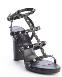 Valentino Black Leather Studded Rockstud T Strap Heel Sandals