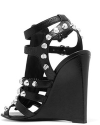 Balenciaga Studded Textured Leather Wedge Sandals Black