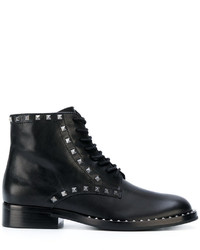 Black Studded Leather Lace-up Ankle Boots