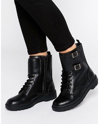 Black Studded Leather Lace-up Flat Boots